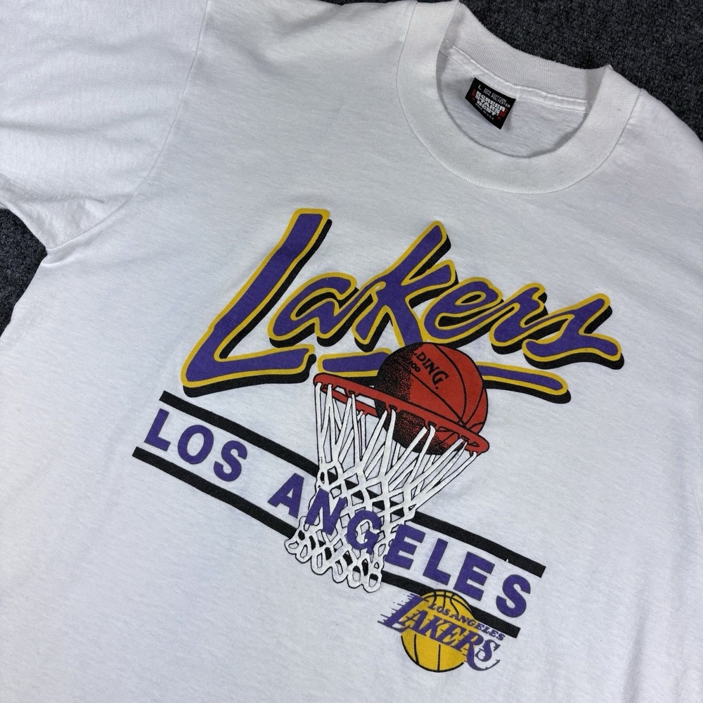 Vintage 90s Los Angeles Lakers‎ NBA Basketball White T Shirt Size L Made in USA